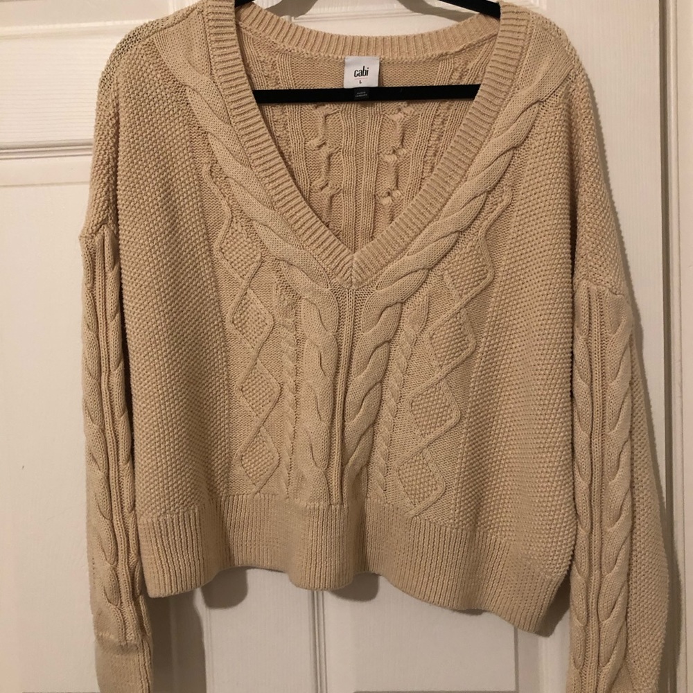CAbi Cabled Cropped V-neck Pullover